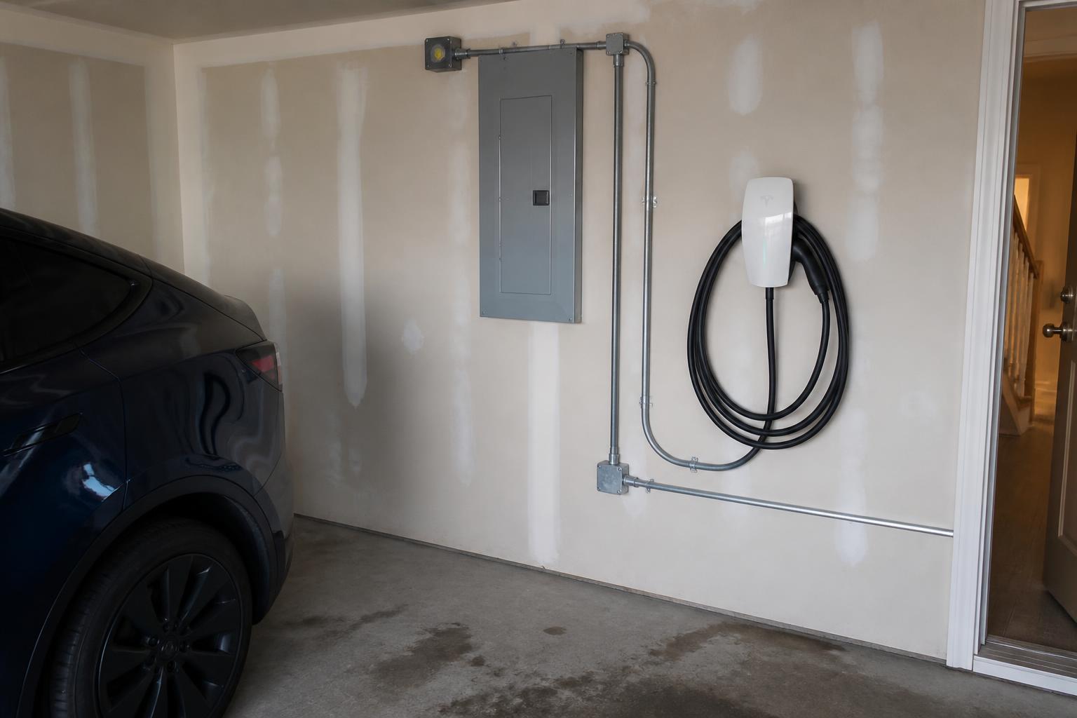 Representative wall connector and electrical panel installation in a Burlington Ontario garage