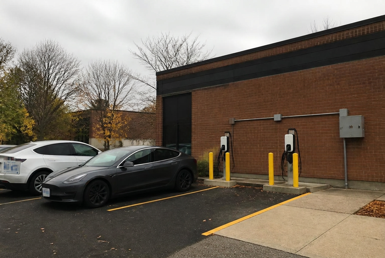 Representative dual commercial EV charging stations in a Hamilton Ontario parking lot