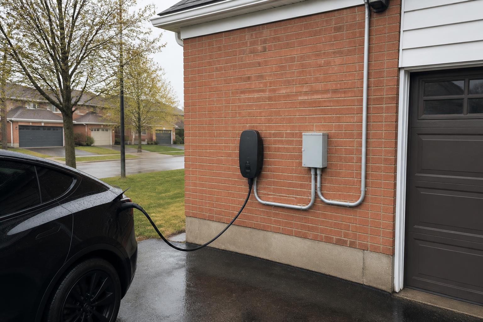 Representative outdoor EV charger mounted on an Oakville Ontario brick home